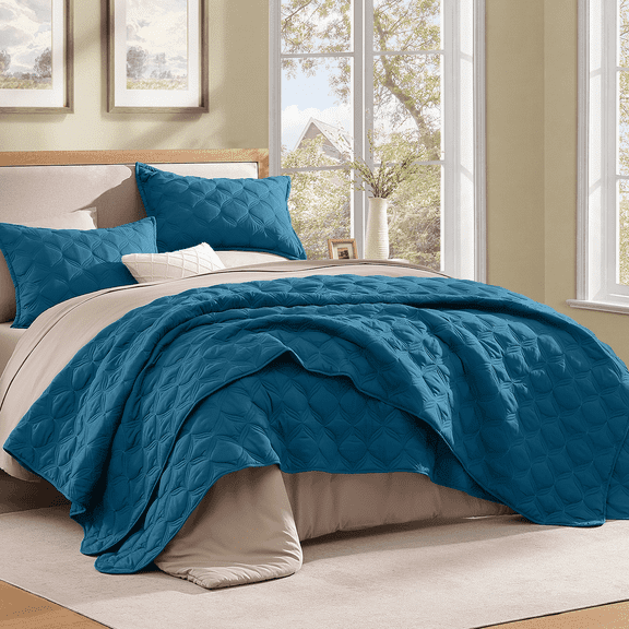 Litanika King Teal Blue Quilt 3 Piece Bed Cover Set, Lightweight Reversible Stitched Bedspread with 2 Pillow Shams for All Season