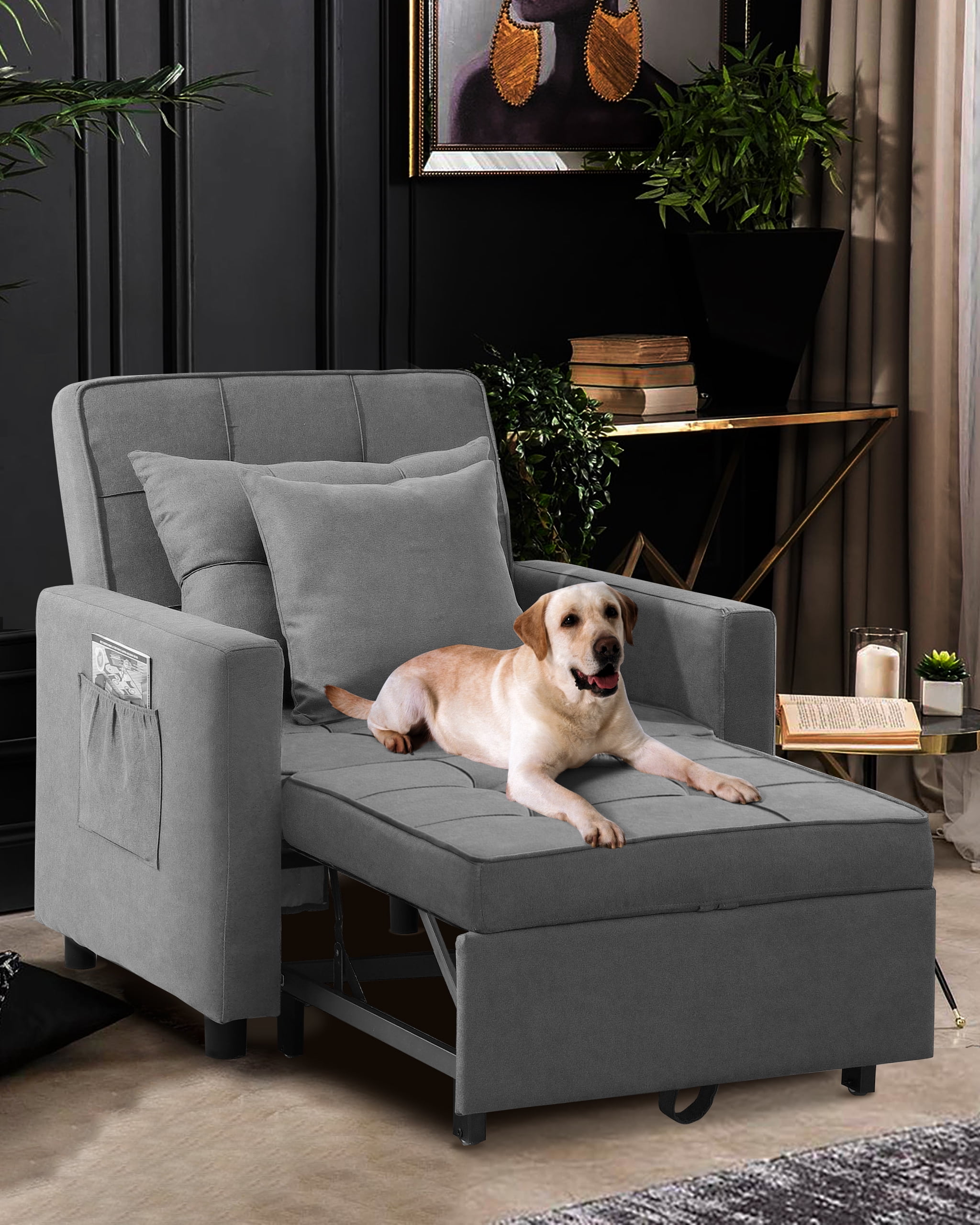 Litbird Convertible Chair Sleeper Bed Futon Chair Turns Into Bed Sofa Chair for Living Room 3 in 1 Linenette Deep Gray Walmart