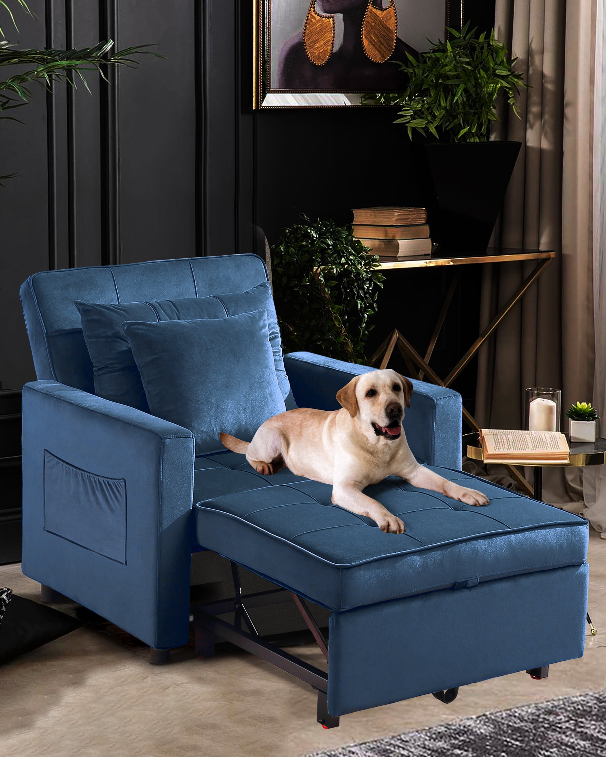 Litbird Convertible Chair Sleeper Bed Futon Chair Turns Into Bed Sofa Chair for Living Room 3 in 1 Imitation Flannel Navy Blue
