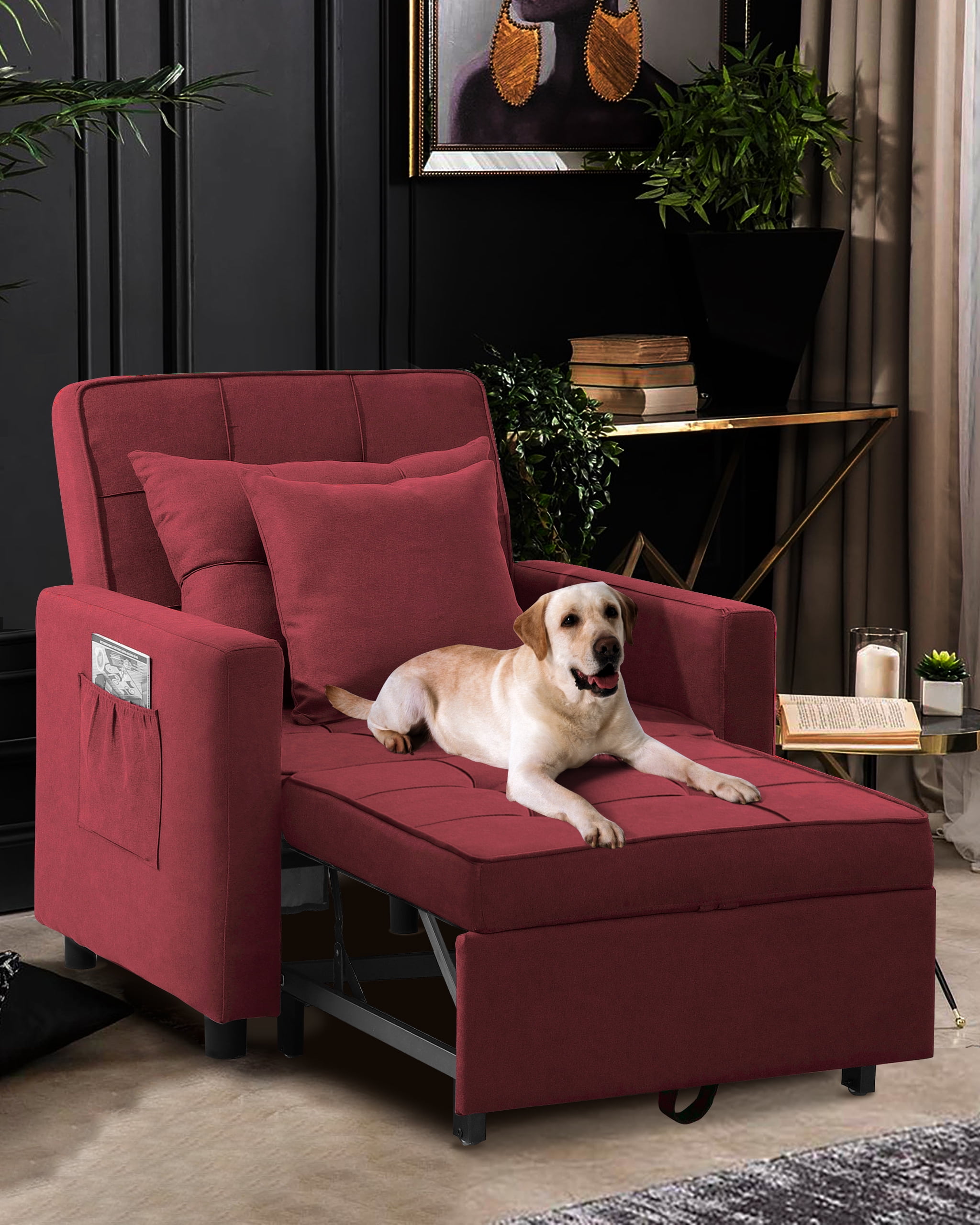 Litbird Convertible Chair Sleeper Bed Futon Chair Turns Into Bed Sofa Chair for Living Room Brushed Fabric Red