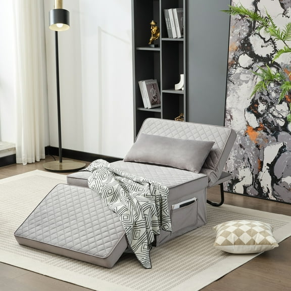 Litbird Folding Ottoman Sofa Bed, Convertible Chair 4 in 1 Multi-Function Ottoman, Couch Bed with 6 Position Adjustable Backrest, Modern, Imitation Flannel, Grey