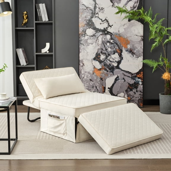 Litbird Folding Ottoman Sofa Bed, Convertible Chair 4 in 1 Multi-Function Ottoman, Couch Bed with 6 Position Adjustable Backrest, Modern, Imitation Flannel, White