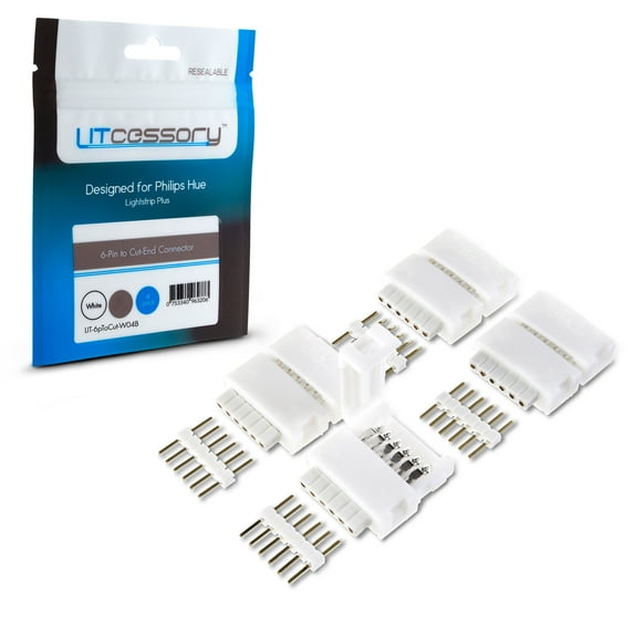 Litcessory 6-Pin to Cut-End Connector for Philips Hue Lightstrip Plus (4 Pack, White - STANDARD 6-PIN V3)