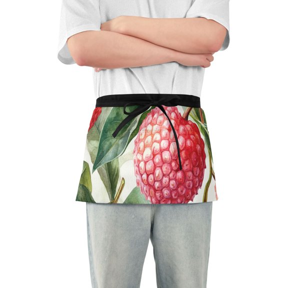 Litchi Leaves Watercolor Short Server Apron with 3 Pockets for Unisex Chef Gardening