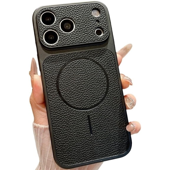 Litchi Pattern Leather Back Camera Protect Magnetic Phone Case for iPhone, Compatible with (Black,iPhone 17)