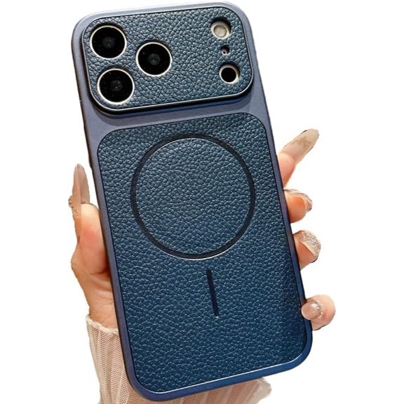 Litchi Pattern Leather Back Camera Protect Magnetic Phone Case for iPhone, Compatible with (Blue,iPhone 17)