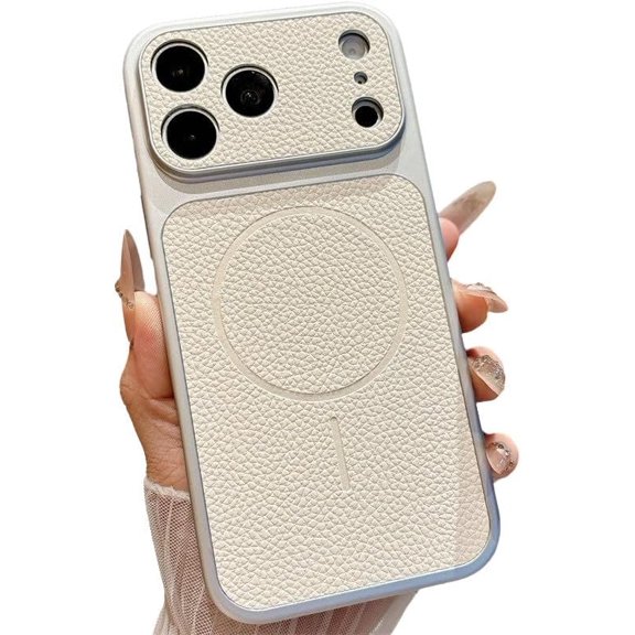 Litchi Pattern Leather Back Camera Protect Magnetic Phone Case for iPhone, Compatible with (White,iPhone 17 Pro Max)