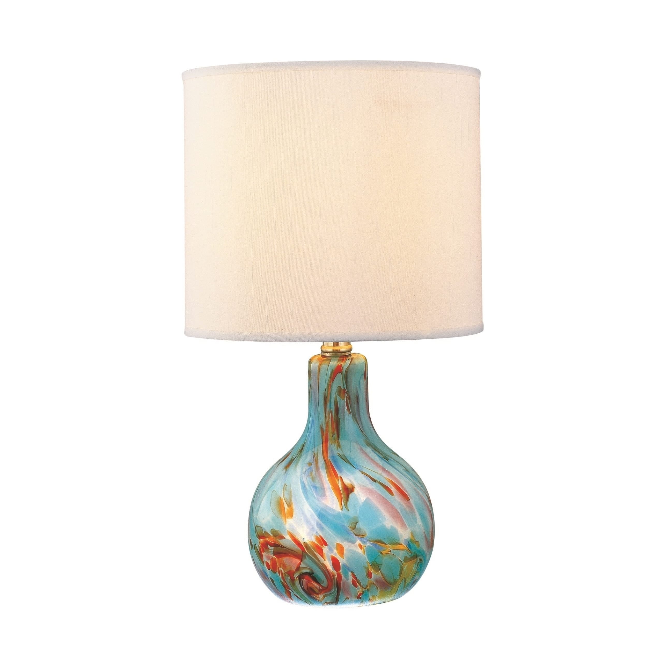 Aqua Glass Table Lamp with Off-White Drum Shade