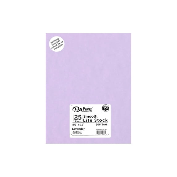 Accent Design Paper Accents Lite Stock 8.5x11 60lb, 25pc, Lavender, Colored Cardstock Paper For Card Making, Scrapbooking, Printing, Quilling and Crafts