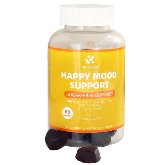 Lite Supply Happy Gummy Worms, Mood Balance Support, Vitamin D, Saffron, Adult Chewable Supplement, - 60 Count