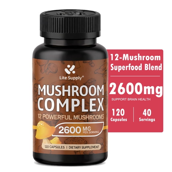 Lite Supply Mushroom Supplement 2600mg, 120 Capsules - 12 Mushrooms Blend - Reishi, Lions Mane, Cordyceps, Chaga, Turkey Tail, Maitake, Shiitake, Oyster Nootropic Complex - Brain, Energy, Focus Pills