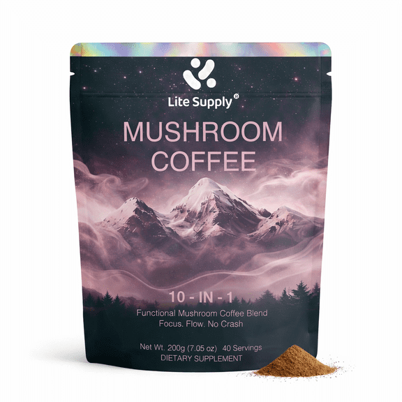 Lite Supply Organic Instant 9 in 1 Mushroom Coffee Powder, 200g Premium Arabica Coffee with Lions Mane, Chaga, Reishi & More