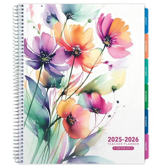 Aug 2025-Jul 2026 Lite Teacher Lesson Planner Notebook 8.5x11 Daily Weekly Monthly Organizers - Includes 7 Periods, Dated Calendar, Page Tabs, Bookmark, and Planning Stickers (Rainbow Floral)