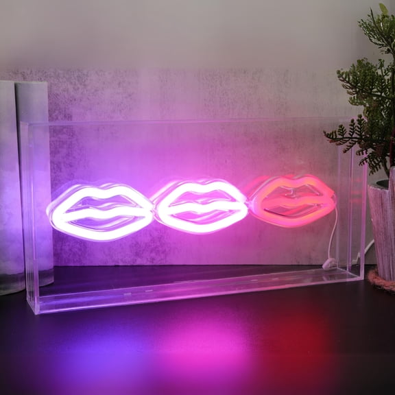Lite Trends Novelty Neon LED 3 Lips Shape In - 12" x 6" Frame for Wall Mount or Table Use, XL 4.5 ft USB Cable for Power