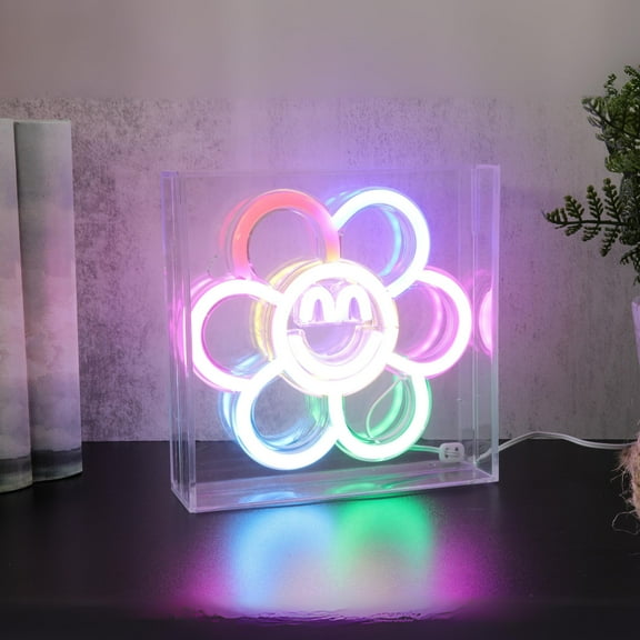 Lite Trends Novelty Neon LED Sign Flower Shape In - 6.25" x 6.25" Frame for Wall Mount or Table Use, XL 4.5 ft USB Cable for Power