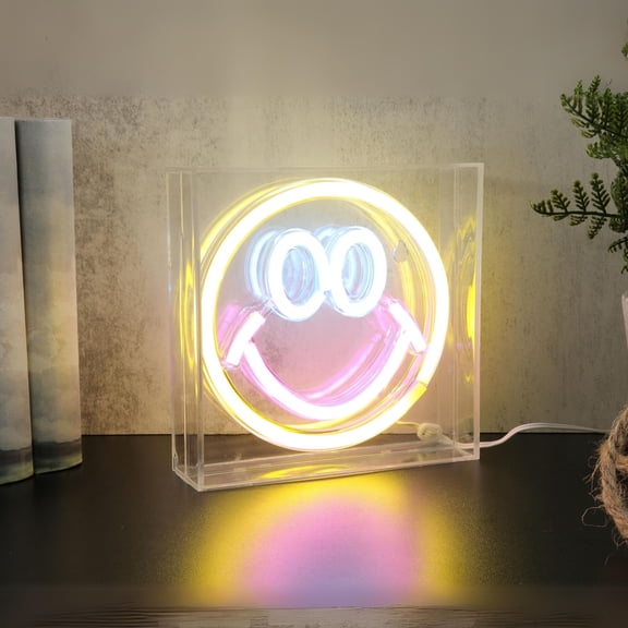 Lite Trends Novelty Neon LED Sign Smile Shape In - 6.25" x 6.25" Frame for Wall Mount or Table Use, XL 4.5 ft USB Cable for Power