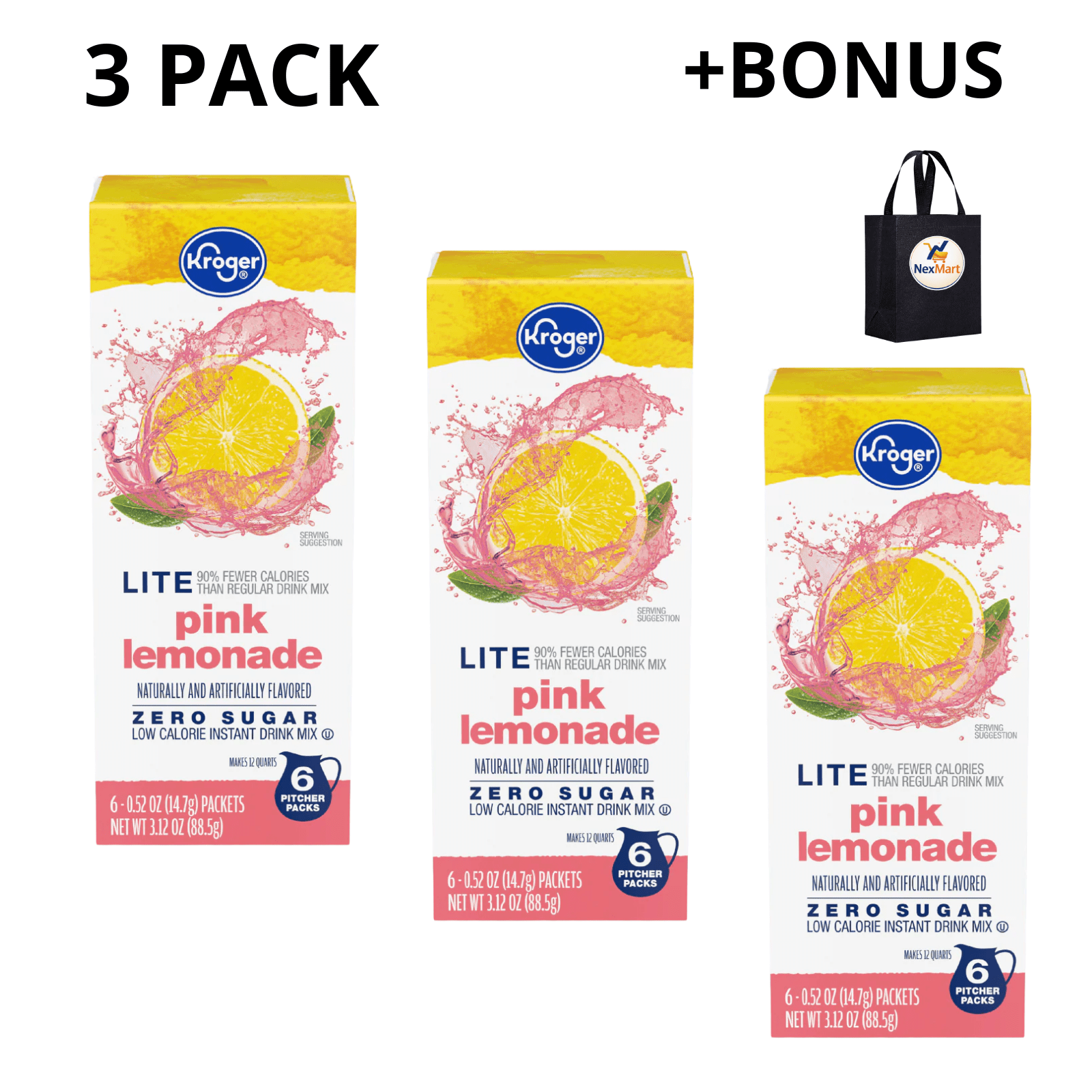 Lite Zero Sugar Pink Lemonade Instant Drink Mix Packets 3.12 oz , 3 Pack + Bonus