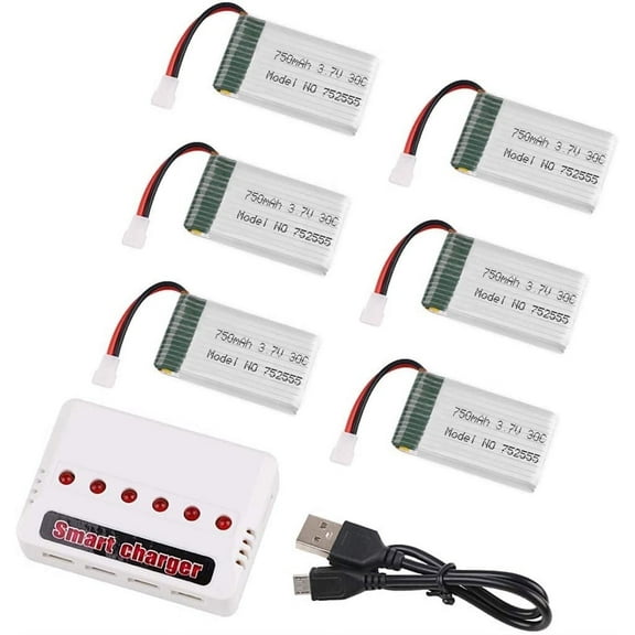 LiteBee 1s Lipo Battery 30C for 7.4 750mAh Syma RC Quadcopter Dones W/Molex Plug Charger, 6Pcs