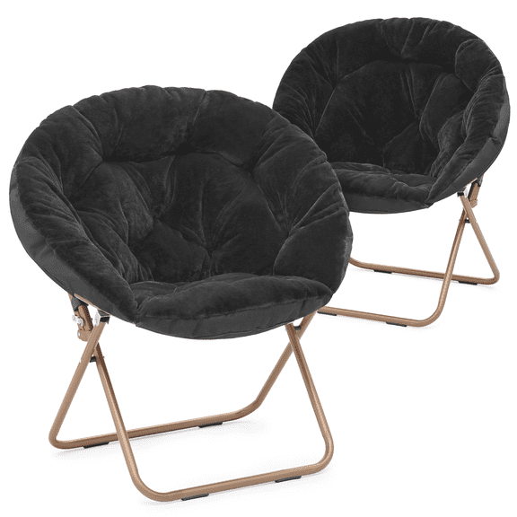 LiteHaven 2 Pieces Round Folding Faux Fur Saucer Chair for Bedroom Living Room Dorm Foldable Metal Frame Oversized Large Comfy Furry Padded Soft Lounge Lazy Cozy Moon Chair for Adults,Black
