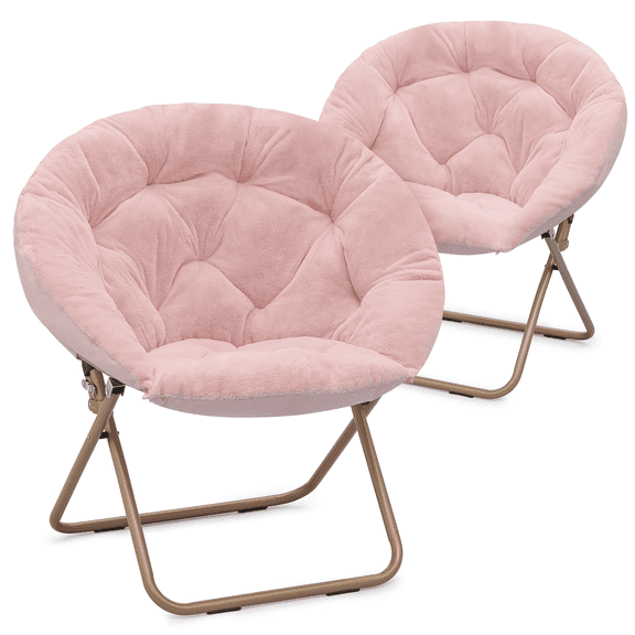 LiteHaven 2 Pieces Round Folding Faux Fur Saucer Chair for Bedroom Living Room Dorm Foldable Metal Frame Oversized Large Comfy Furry Padded Soft Lounge Lazy Cozy Moon Chair for Adults,Pink