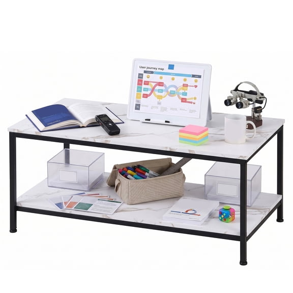 LiteHaven 2-Tier Coffee Table with Storage Shelf for Small Apartment Living Room, Rectangle Wood and Stable Metal TV Stand Side End Table,White Marble