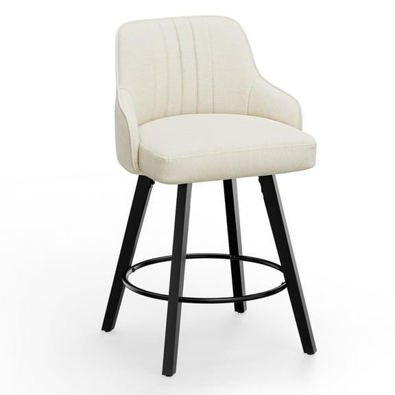 LiteHaven 26" H Swivel Barstools Set of 1, Linen Fabric Upholstered Counter Stool with Back, Kitchen High Chairs Counter Height Bar stools with Cushion, Solid Wood Legs,White