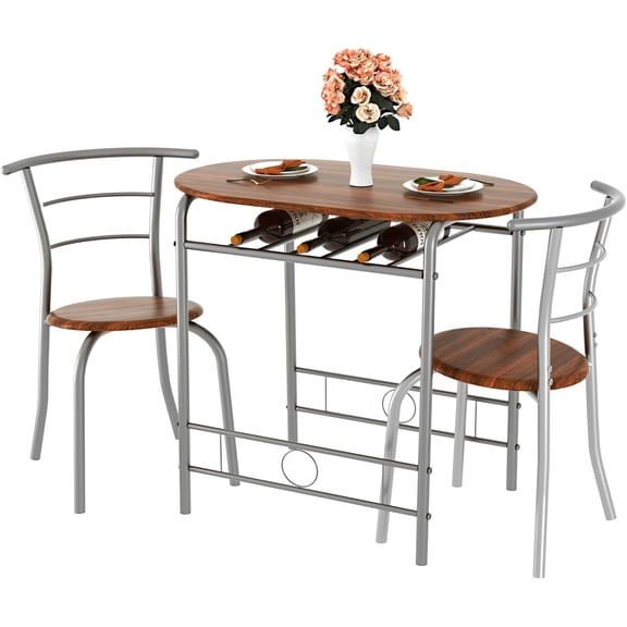LiteHaven 3 Piece Small Round Dining Table Set for Kitchen Breakfast Nook, Wood Grain Tabletop with Wine Storage Rack, Save Space, Brown & Silver