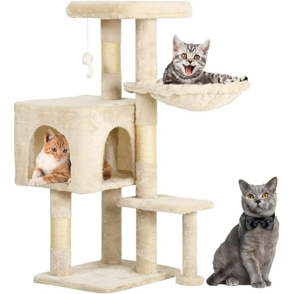 LiteHaven 36" Cat Tree Tower | Beige | Sturdy Multi-Level Cat Tree with Plush Condo, Cozy Perch, Sisal Scratching Posts, Hanging Toy and Stable Frame | Easy Assembly | for Kittens & Adult Cats Beige