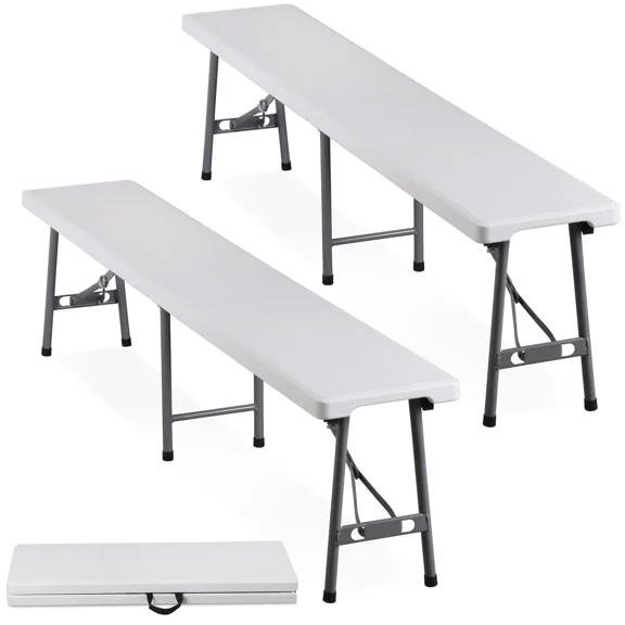 LiteHaven 6ft Plastic Folding Bench 2 Pack, Portable Outdoor Bench for Picnic Camping Dining Party Garden, Soccer Multipurpose Entertaining Activities, White