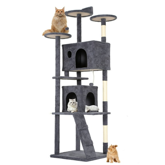 LiteHaven | 81" Cat Tree Tower | Dark Gray | Sturdy, Easy to Assemble, Multi-Level Activity Center with Sisal Scratching Posts, Condos, Perches, Hanging Cat Toys, Observation Decks Ladder Dark Gray