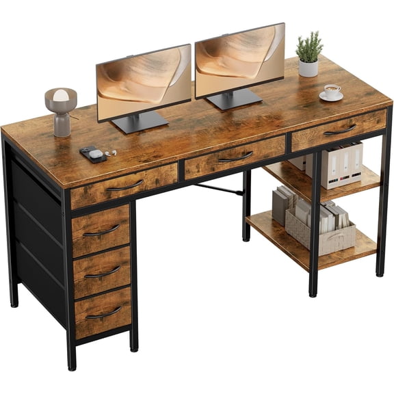 LiteHaven Computer Desk with 6 Drawers, Home Office Gaming Desks with Storage Shelves for Bedroom, Writing Study Corner Living Room Work Table 47 Inches Rustic Brown