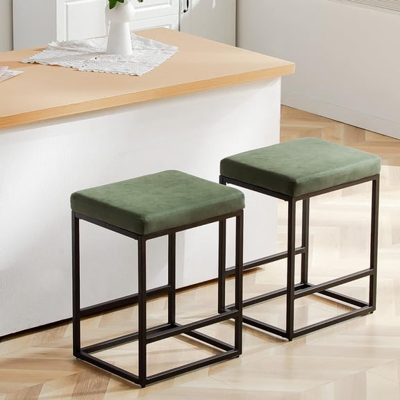 LiteHaven Counter Height Bar Stool for Kitchen Counter 24" Backless Industrial Stool Modern Upholstered Barstool Countertop Saddle Chair Island Stool,330 LBS Bear Capacity,2 Pack-Dark Green