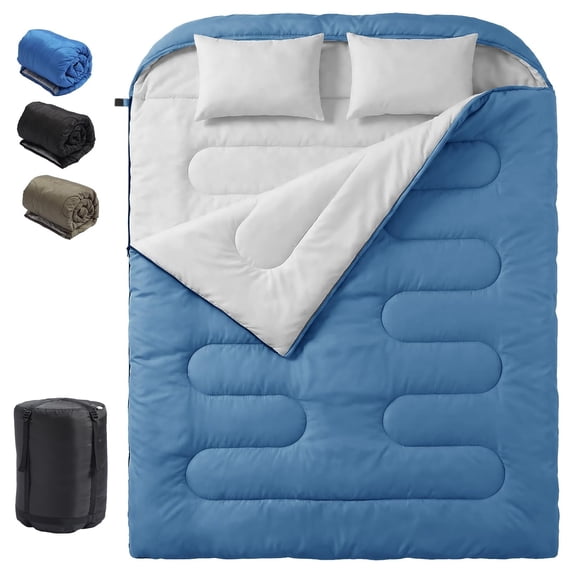 LiteHaven Double Sleeping Bag for Adults with 2 Pillows,XL Waterproof Lightweight Machine Washable Sleep Bag Cold Weather, 3-Season for Camping/Hiking/90.6×61 IN, 2-in-1 Zipper Converts to 2 Singles