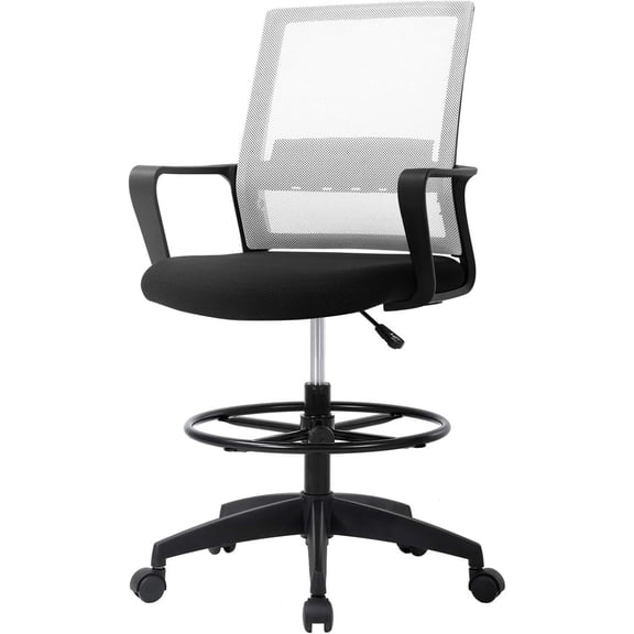 LiteHaven Drafting Chair Tall Office Chair Adjustable Swivel Rolling Mesh Height with Lumbar Support Arms Footrest Mid Back for Adults Standing Desk Drafting Stool Set of 2 white