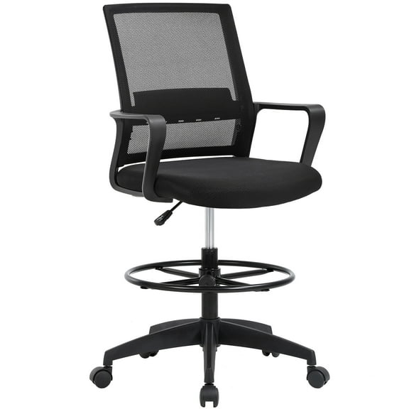 LiteHaven Drafting Chair Tall Office Chair Adjustable Swivel Rolling Mesh Height with Lumbar Support Arms Footrest Mid Back for Adults Standing Desk Drafting Stool Set of 1 black