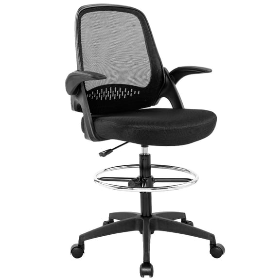 LiteHaven Drafting Chair Tall Office Chair Standing Desk Chair Mesh Computer Chair Adjustable Height with Lumbar Support Flip Up Arms Swivel Rolling Executive Chair,Black