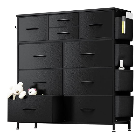 LiteHaven Dresser for Bedroom with Side Pockets and Hooks, 10 Drawers Storage Organizer Chest of Drawers, Sturdy Metal Frame for Living Room, Hallway, Closet Black