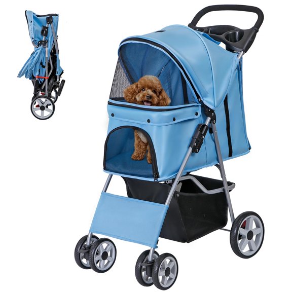 LiteHaven Foldable Pet Stroller, Cat/Dog Stroller with 4 Wheels | Pet Travel Carrier Strolling Cart with Storage Basket, Cup Holder (Blue)