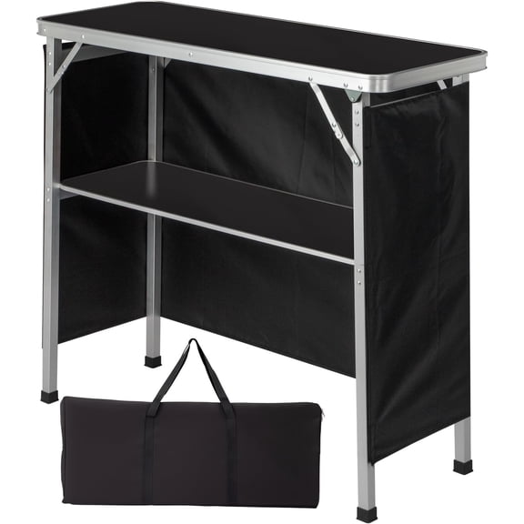 LiteHaven Folding Portable Bar Table, Tradeshow Podium Table for Indoor, Outdoor, Party, Picnic, Exhibition, Includes Carrying Case, Storage Shelf and Black Skirt (Black)