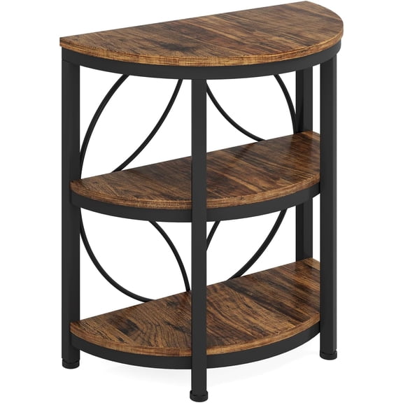 LiteHaven Half Round End Table for Living Room, 3-Tier Half Circle Side Table with Metal Frame, Industrial Half Moon Table, Half Coffee Accent Table Bedside Table for Bedroom,Brown
