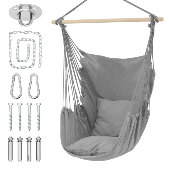 LiteHaven Hammock Chair Hanging Rope Swing Chair with 2 Cushions, Max 350 Lbs, Hanging Macrame Chair with Anti-Slip Grooves Spreader Bar and Pocket for Outdoor Indoor Patio Yard,Gray