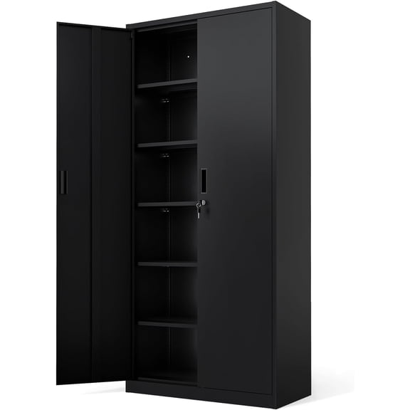LiteHaven Metal Garage Storage Cabinet with 2 Doors and 5 Adjustable Shelves, 71" Tall Steel Lockable File Cabinet, Locking Tool Cabinets for Home Office Garage Gym School (Black)