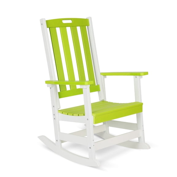 LiteHaven Outdoor Rocking Chair, High Back HDPE Patio Chair, All Weather Rocker Porch Chair, Lawn Chair for Deck, Porch, Backyard, Garden and Indoor,Green/White