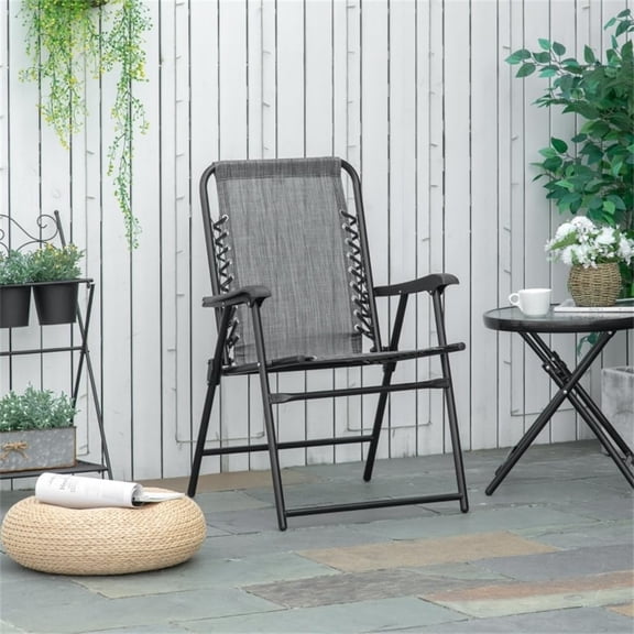 LiteHaven Patio Folding Chair, Outdoor Bungee Sling Chair w/Armrests, Portable Lawn Chair for Camping, Garden, Pool, Beach, Backyard,Gray