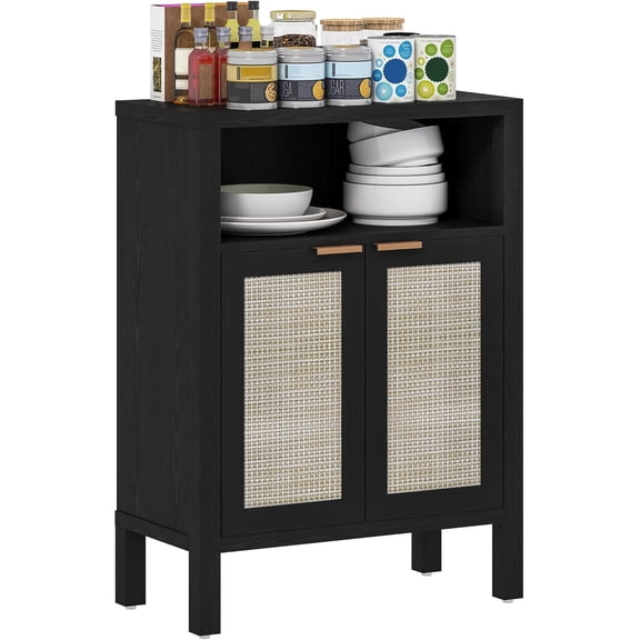 LiteHaven Rattan Sideboard Buffet Cabinet with Storage, Modern Accent Cabinet with 2 Doors and Adjustable Shelf, Freestanding Buffet Table for Entryway Living Room,Black