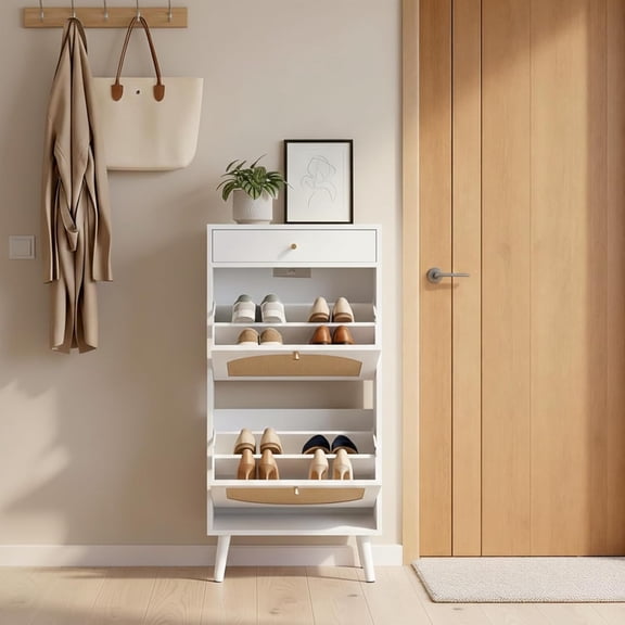 LiteHaven Shoe Rack Storage Organizer, Rattan-Panel 1-Drawer 2-Tilt-Out Shoe Storage Cabinet, Hidden Shoe Storage for Entryway,Ideal for Heels,Slippers,Casual Shoes,White