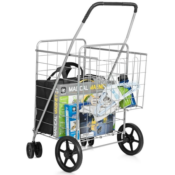 LiteHaven Shopping Cart with Wheels, Foldable Utility Metal Carts with 360 Rolling Swivel Wheels and Extra Storage Basket, Folding Wheeled Grocery Basket for Laundry Pantry Garage Groceries