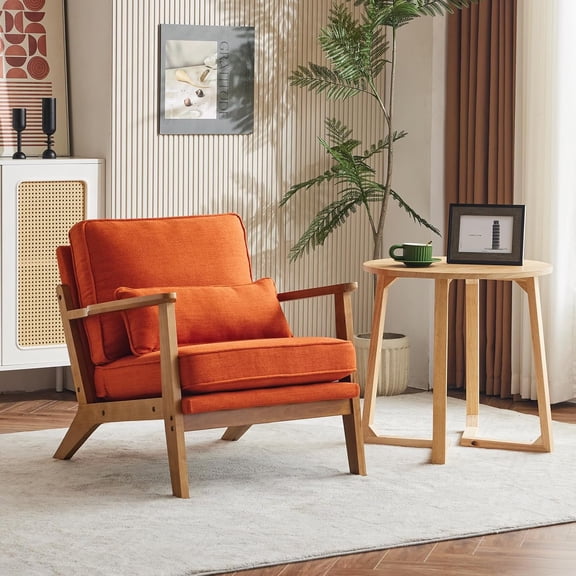 LiteHaven Solid Wood Wide Armrests Accent Chair,Upholstered Mid Century Modern Chair with Pillow,Comfy Reading Chair Farmhouse Arm Chair,Chairs Living Room,Bedroom,Guest Room,Linen Fabric,Orange