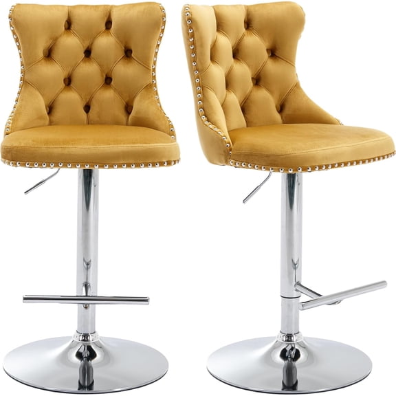 LiteHaven Swivel Counter Height Bar Stools Set of 2, Gold Kitchen Island Barstools, Velvet Adjustable Bar Height Stool Chairs, Tufted Back, Silver Chrome Metal Base,Yellow