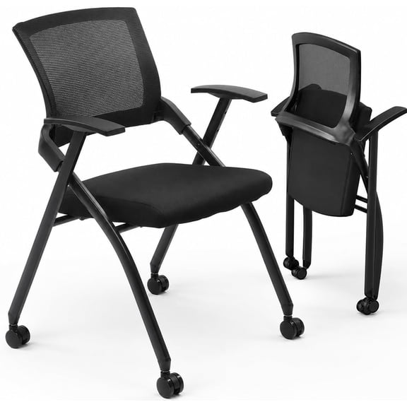 LiteHaven Updated Conference Room Chairs, Folding Office Desk Chair with Lumbar Support and Sliding Armrest with Casters, Stackable Office Guest Chairs & Reception Chairs, 1 Pack Black